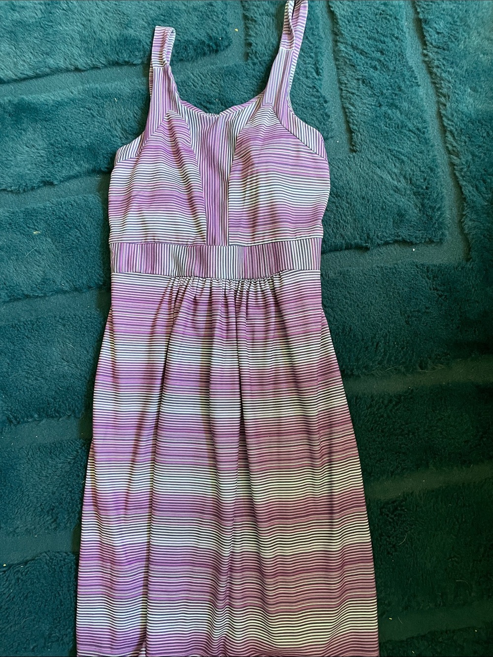 Tehama Striped purple and teal dress with tank top like sleeves.